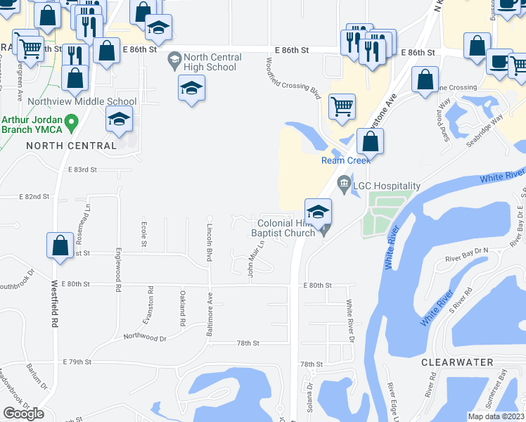 map of restaurants, bars, coffee shops, grocery stores, and more near 2222 Calaveras Way in Indianapolis