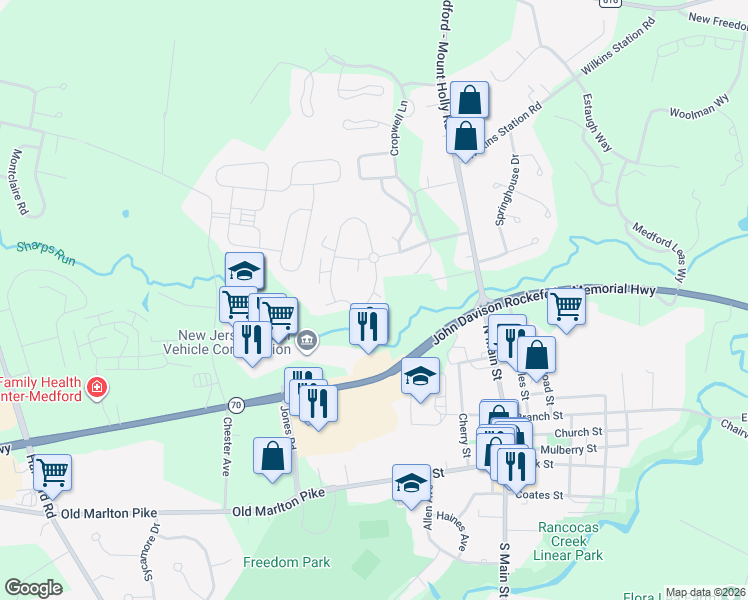 map of restaurants, bars, coffee shops, grocery stores, and more near 10 Forge Road in Medford