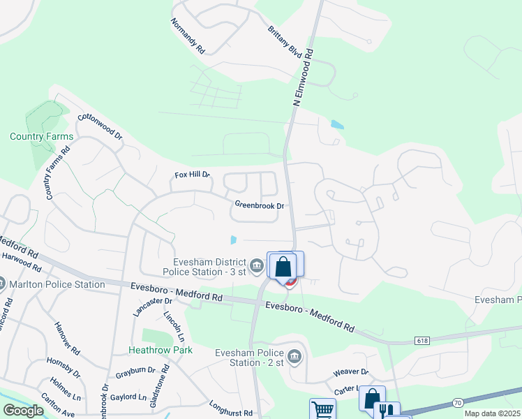 map of restaurants, bars, coffee shops, grocery stores, and more near 174 Greenbrook Drive in Evesham