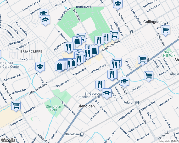 map of restaurants, bars, coffee shops, grocery stores, and more near 205 West Cooke Avenue in Glenolden