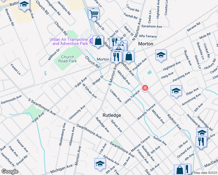 map of restaurants, bars, coffee shops, grocery stores, and more near 10 Linden Avenue in Rutledge