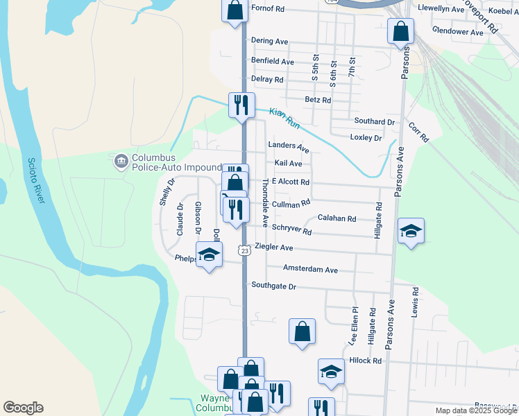 map of restaurants, bars, coffee shops, grocery stores, and more near 2800 South High Street in Columbus