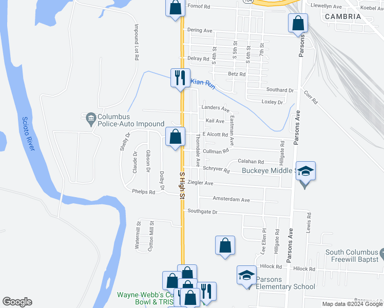 map of restaurants, bars, coffee shops, grocery stores, and more near 2777 Thorndale Avenue in Columbus