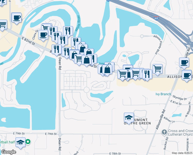 map of restaurants, bars, coffee shops, grocery stores, and more near 4519 East 82nd Street in Indianapolis