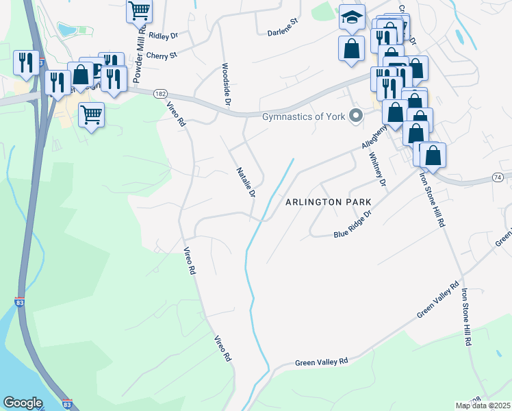 map of restaurants, bars, coffee shops, grocery stores, and more near 2650 Natalie Drive in York