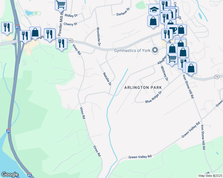 map of restaurants, bars, coffee shops, grocery stores, and more near 2650 Natalie Drive in York