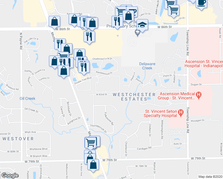 map of restaurants, bars, coffee shops, grocery stores, and more near 3060 Bentwood Circle South Drive in Indianapolis