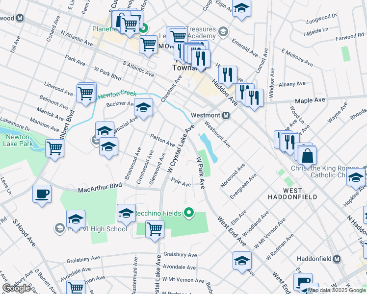 map of restaurants, bars, coffee shops, grocery stores, and more near 161 West Park Avenue in Haddonfield