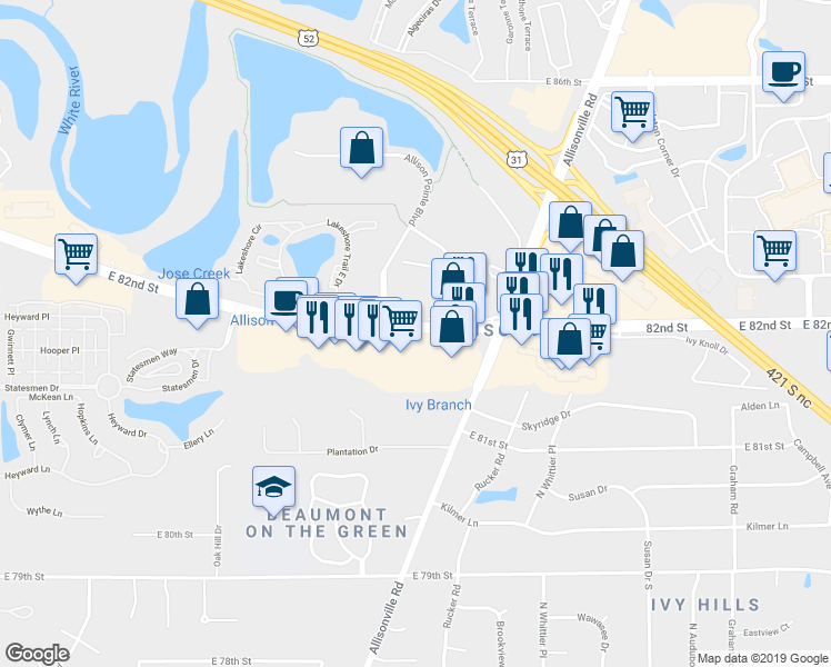 map of restaurants, bars, coffee shops, grocery stores, and more near 5151 82nd St in Indianapolis