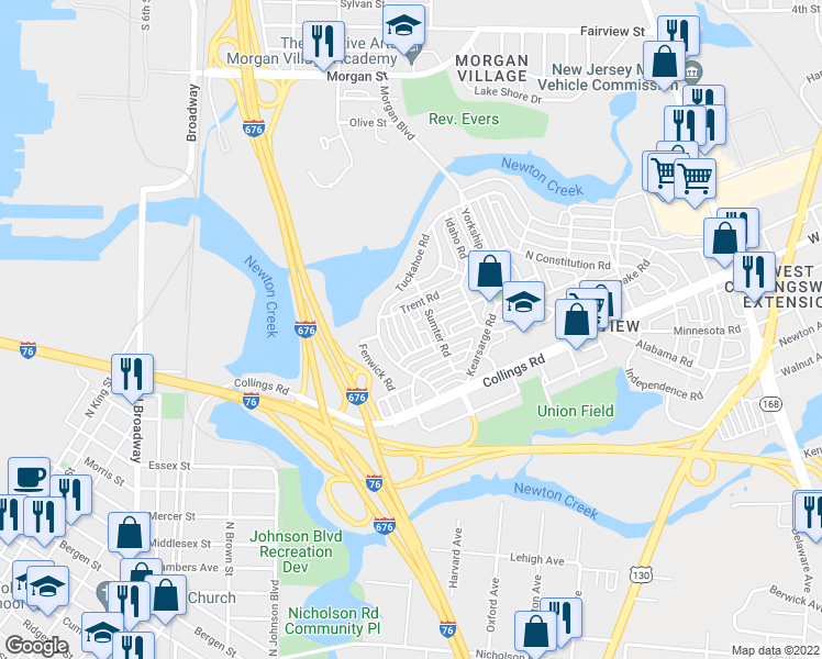 map of restaurants, bars, coffee shops, grocery stores, and more near 3027 Essex Road in Camden