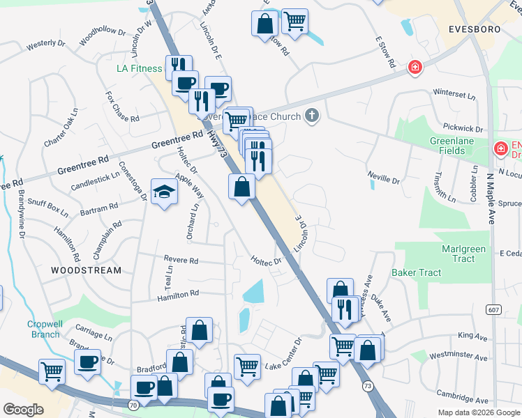 map of restaurants, bars, coffee shops, grocery stores, and more near 999 New Jersey 73 in Evesham Township