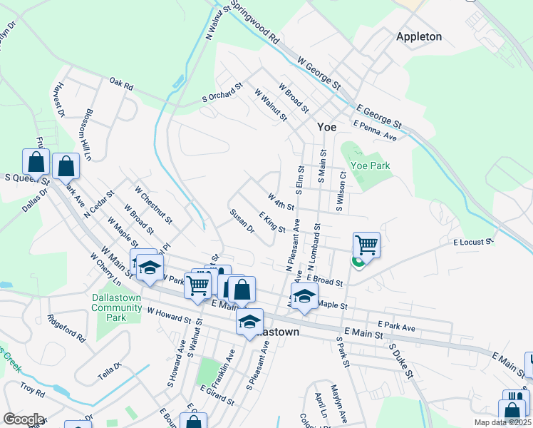 map of restaurants, bars, coffee shops, grocery stores, and more near 107 East King Street in Dallastown