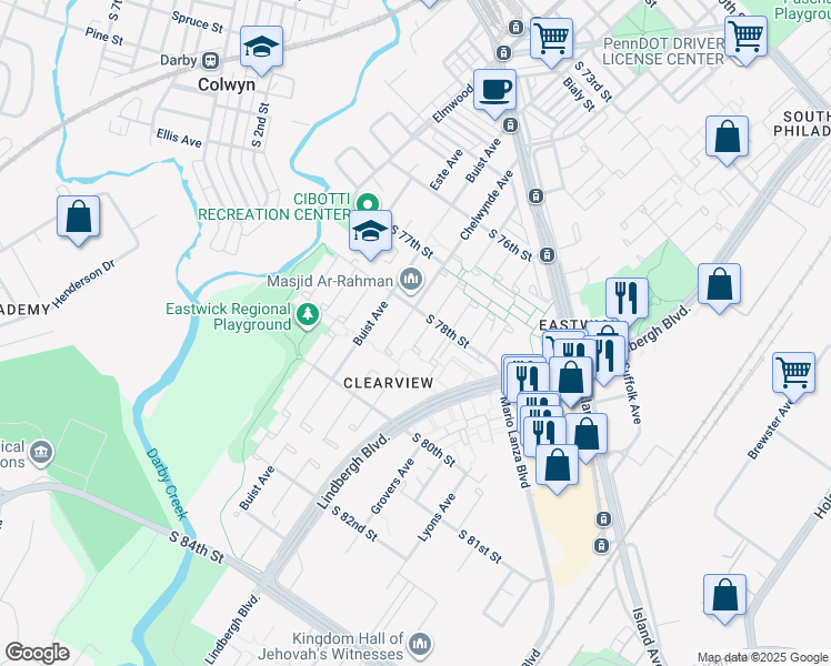 map of restaurants, bars, coffee shops, grocery stores, and more near 7815 Centaur Place in Philadelphia