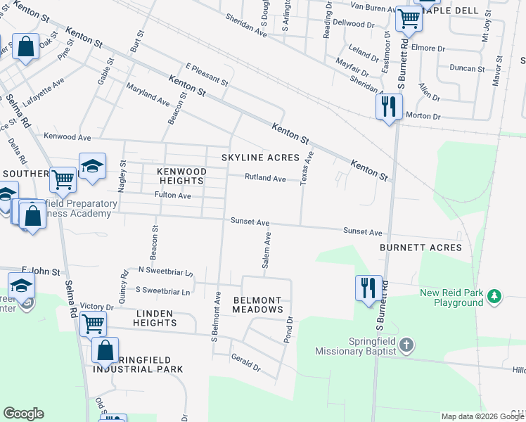 map of restaurants, bars, coffee shops, grocery stores, and more near 2048 Sunset Avenue in Springfield