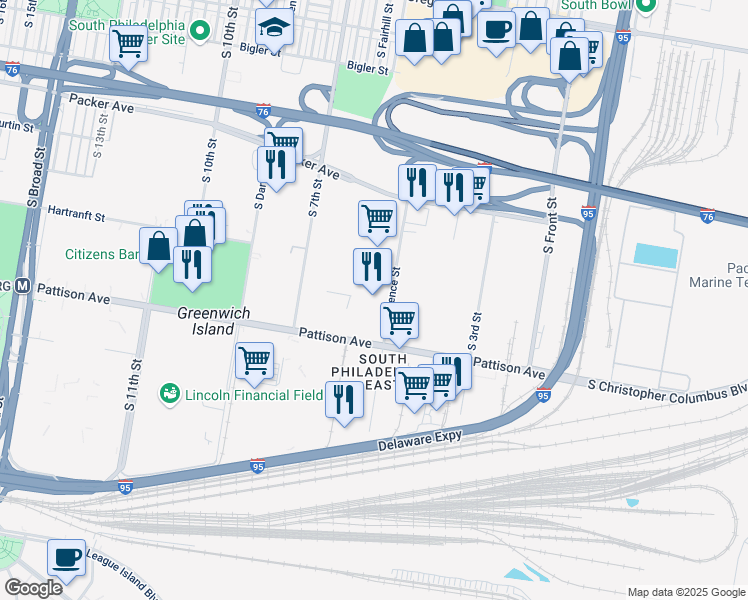 map of restaurants, bars, coffee shops, grocery stores, and more near 3400 South Lawrence Street in Philadelphia
