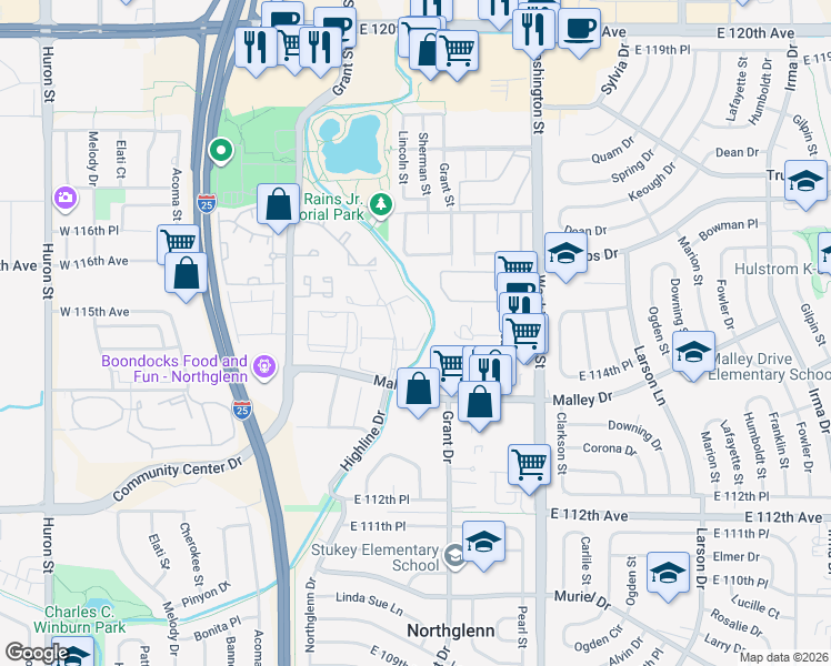 map of restaurants, bars, coffee shops, grocery stores, and more near 301 Malley Dr in Denver