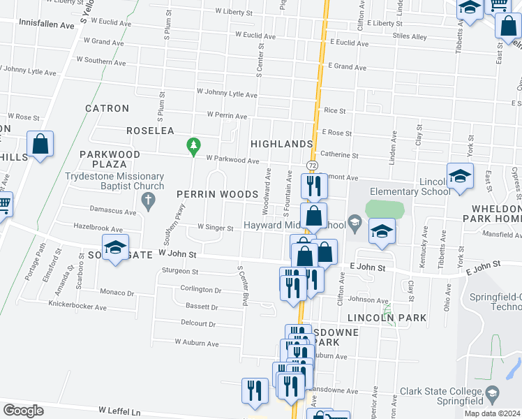map of restaurants, bars, coffee shops, grocery stores, and more near 1755 Woodward Avenue in Springfield