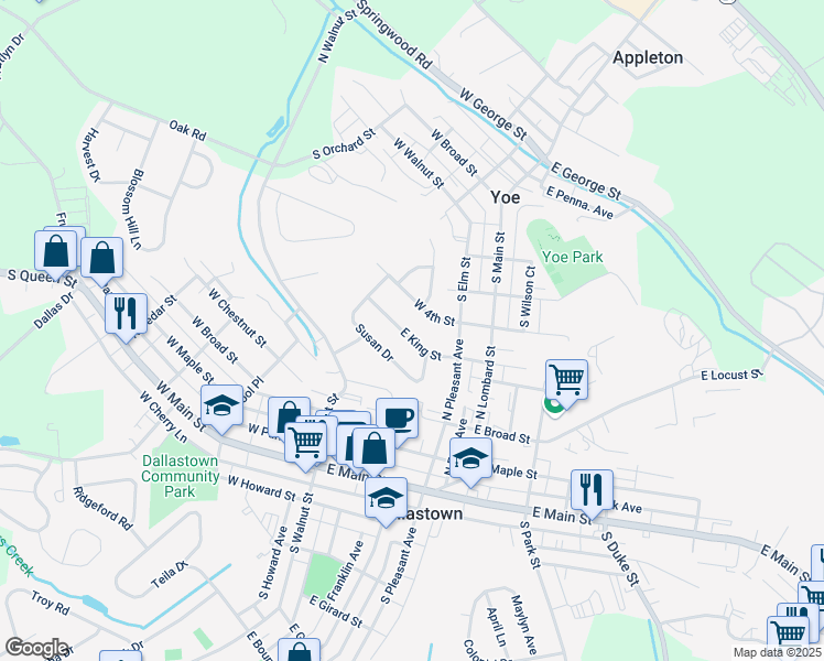 map of restaurants, bars, coffee shops, grocery stores, and more near 107 East King Street in Dallastown