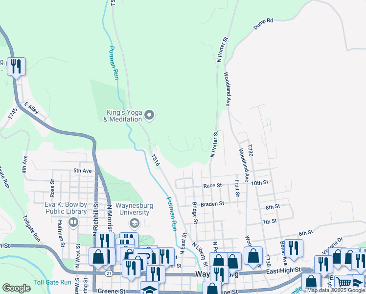 map of restaurants, bars, coffee shops, grocery stores, and more near 303 Mountain View Road in Waynesburg