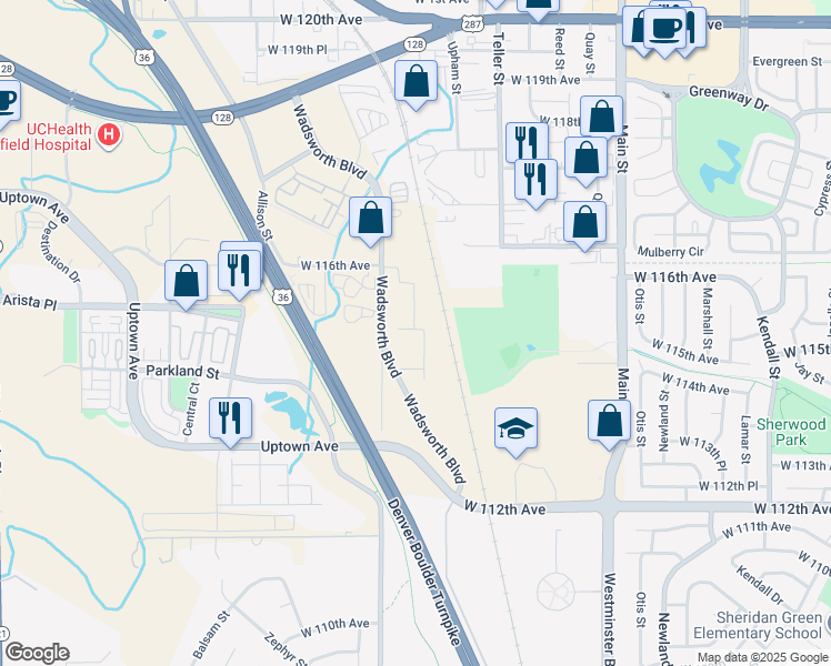 map of restaurants, bars, coffee shops, grocery stores, and more near 11575 Main Street in Broomfield