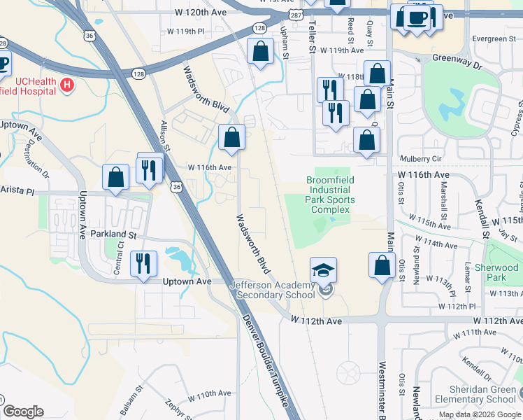 map of restaurants, bars, coffee shops, grocery stores, and more near 11575 Main Street in Broomfield