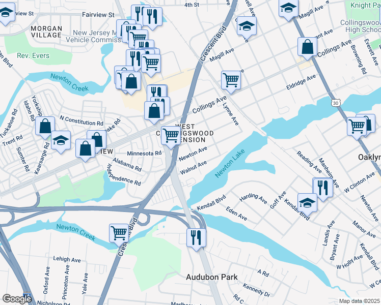map of restaurants, bars, coffee shops, grocery stores, and more near 1312 Newton Avenue in Oaklyn