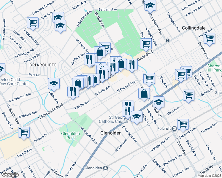 map of restaurants, bars, coffee shops, grocery stores, and more near 36 North Bonsall Avenue in Glenolden