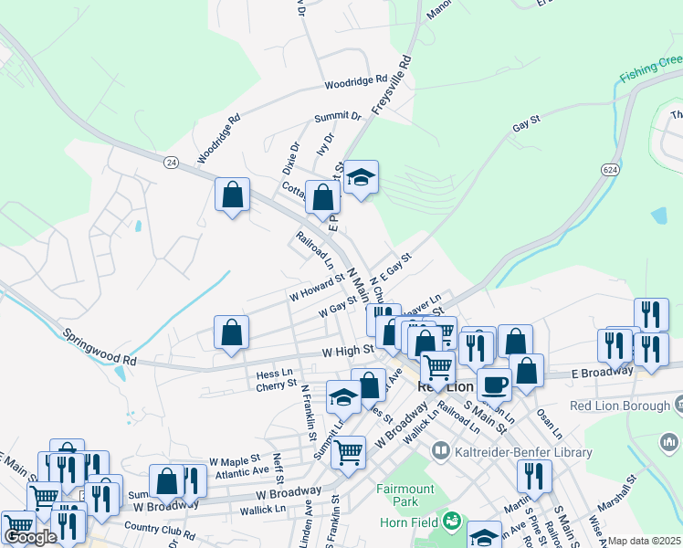 map of restaurants, bars, coffee shops, grocery stores, and more near 10 West Howard Street in Red Lion