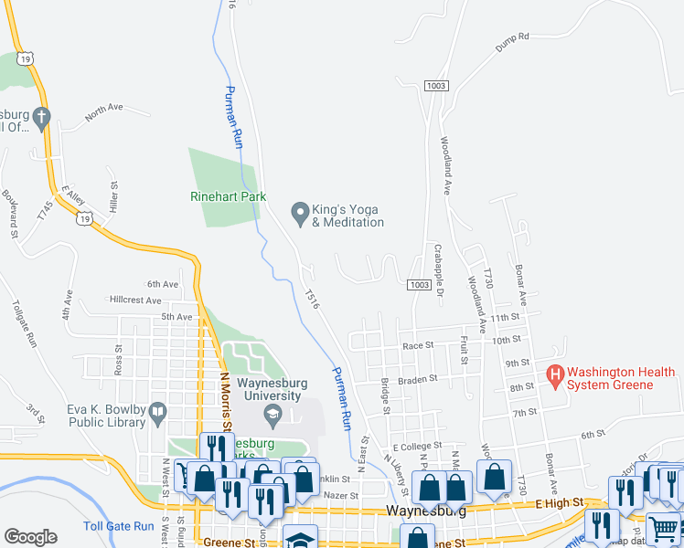 map of restaurants, bars, coffee shops, grocery stores, and more near 303 Mountain View Road in Waynesburg