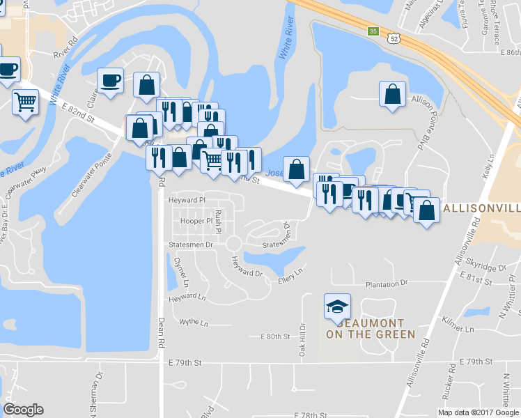 map of restaurants, bars, coffee shops, grocery stores, and more near 4517 East 82nd Street in Indianapolis
