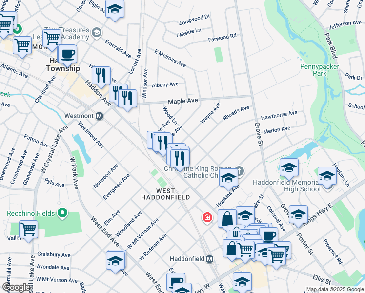 map of restaurants, bars, coffee shops, grocery stores, and more near 144 Wayne Avenue in Haddonfield
