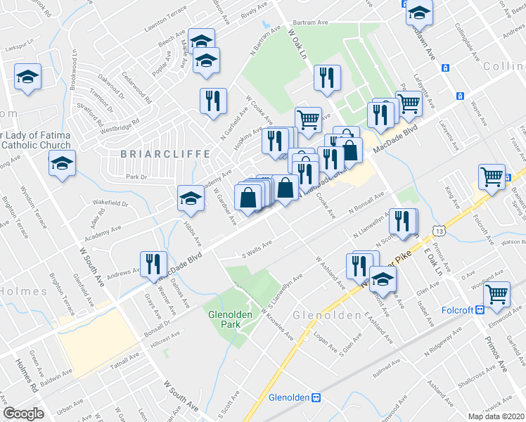 map of restaurants, bars, coffee shops, grocery stores, and more near 14-16 South Macdade Boulevard in Glenolden