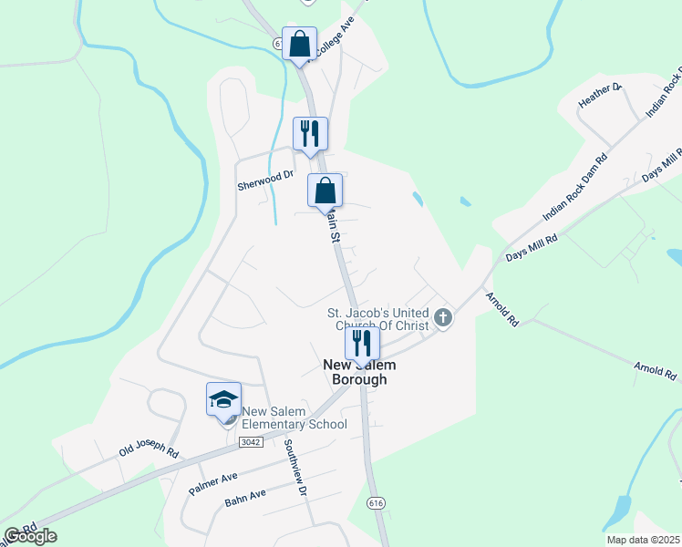 map of restaurants, bars, coffee shops, grocery stores, and more near 64 North Main Street in New Salem Borough