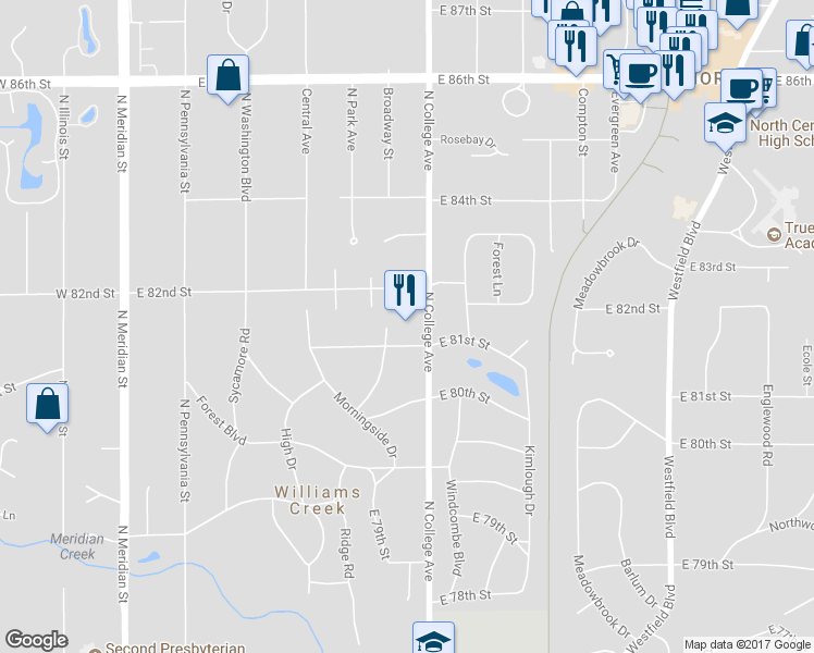 map of restaurants, bars, coffee shops, grocery stores, and more near 8110 North College Avenue in Indianapolis