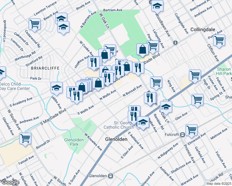 map of restaurants, bars, coffee shops, grocery stores, and more near 39 North Wells Avenue in Glenolden