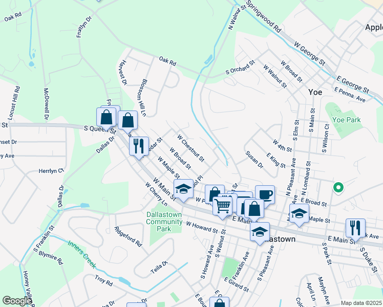 map of restaurants, bars, coffee shops, grocery stores, and more near 282 West Chestnut Street in Dallastown