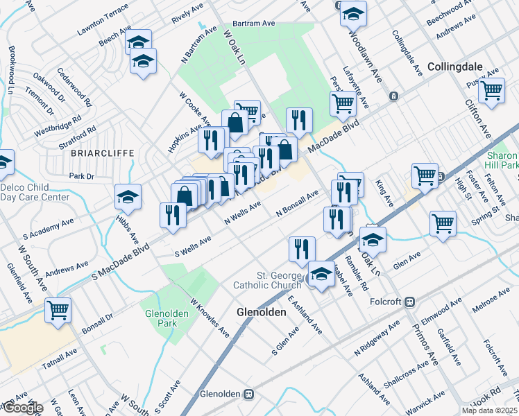 map of restaurants, bars, coffee shops, grocery stores, and more near 39 North Wells Avenue in Glenolden