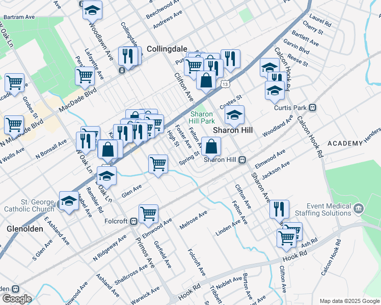 map of restaurants, bars, coffee shops, grocery stores, and more near 222 Foster Avenue in Sharon Hill