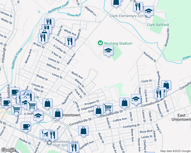 map of restaurants, bars, coffee shops, grocery stores, and more near 53 Lemonwood Acres in Uniontown
