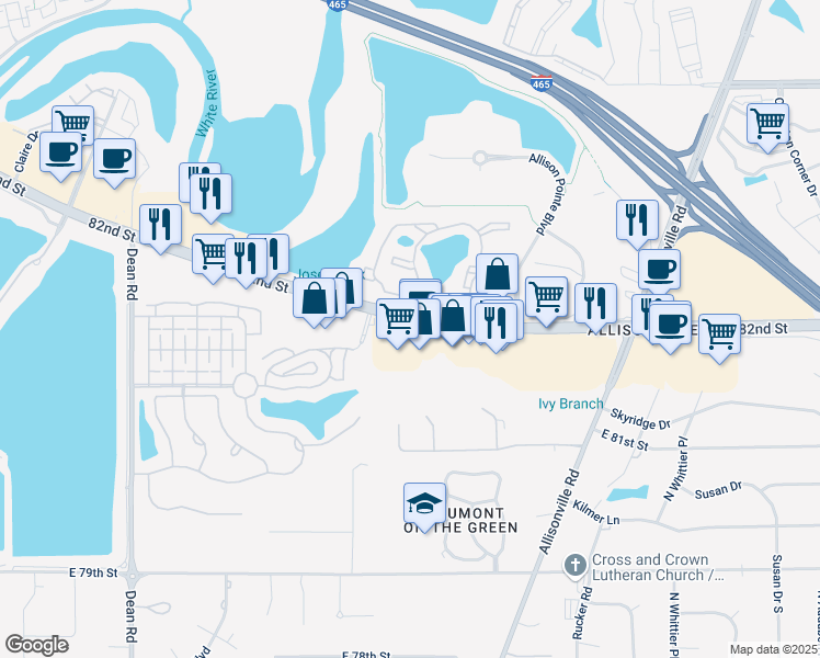 map of restaurants, bars, coffee shops, grocery stores, and more near 4905 82nd Street in Indianapolis