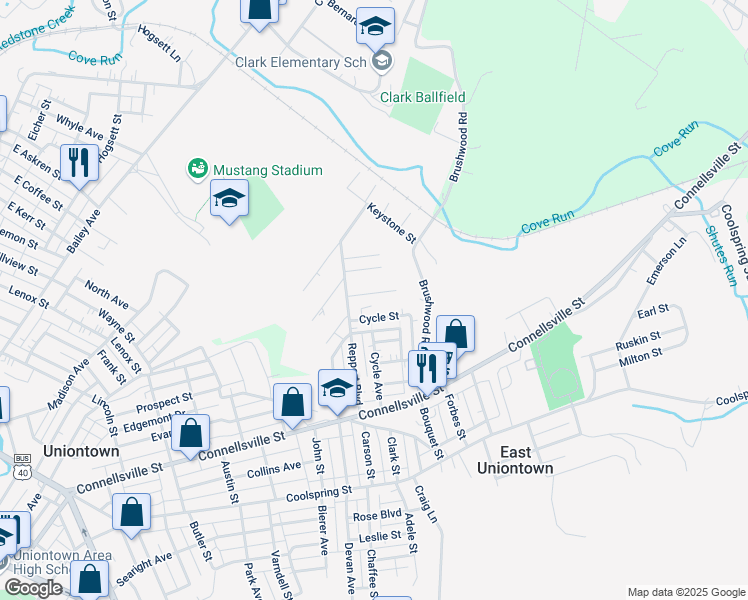 map of restaurants, bars, coffee shops, grocery stores, and more near 23 Cycle Street in Uniontown