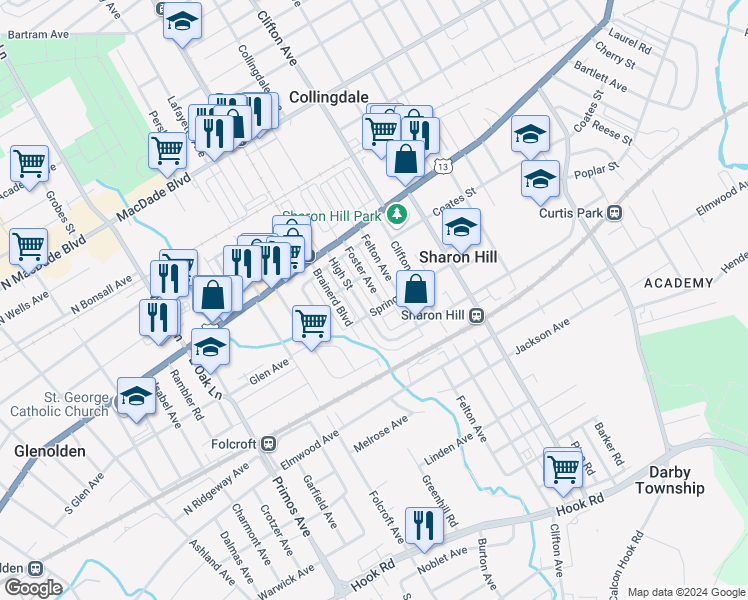 map of restaurants, bars, coffee shops, grocery stores, and more near 222 Foster Avenue in Sharon Hill