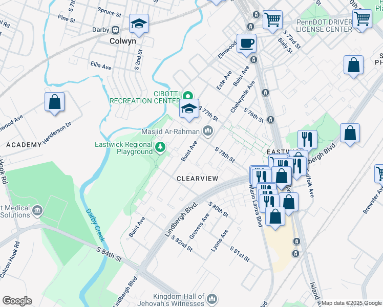 map of restaurants, bars, coffee shops, grocery stores, and more near 7830 Buist Avenue in Philadelphia