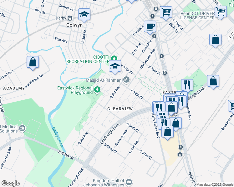 map of restaurants, bars, coffee shops, grocery stores, and more near 7830 Buist Avenue in Philadelphia