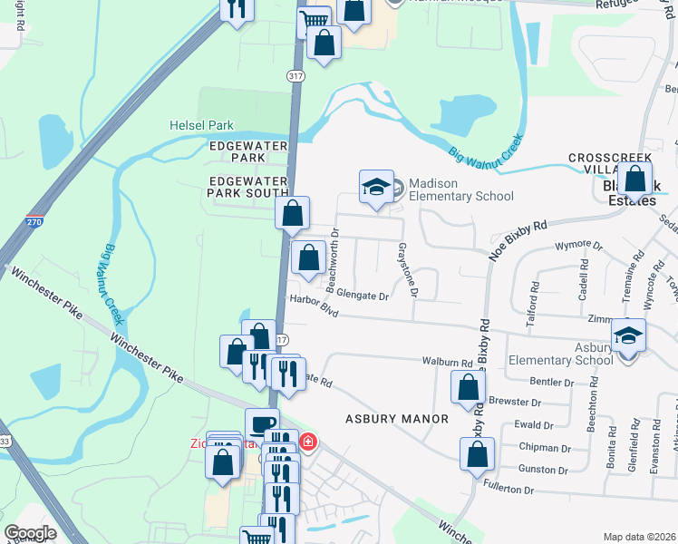 map of restaurants, bars, coffee shops, grocery stores, and more near 3453 Beachworth Drive in Columbus