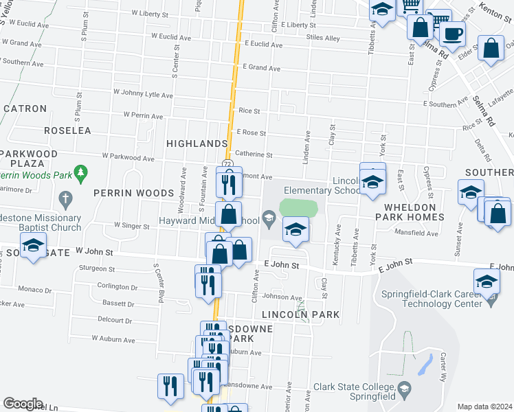 map of restaurants, bars, coffee shops, grocery stores, and more near 1745 Clifton Avenue in Springfield