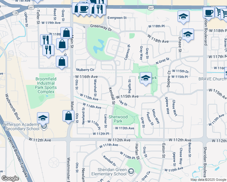 map of restaurants, bars, coffee shops, grocery stores, and more near 11502 Kendall Street in Westminster