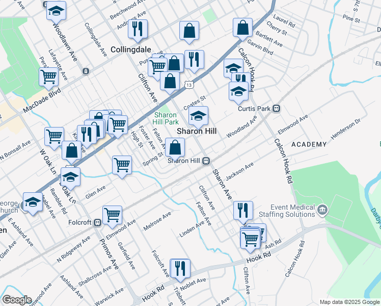 map of restaurants, bars, coffee shops, grocery stores, and more near 1119 Woodland Avenue in Sharon Hill
