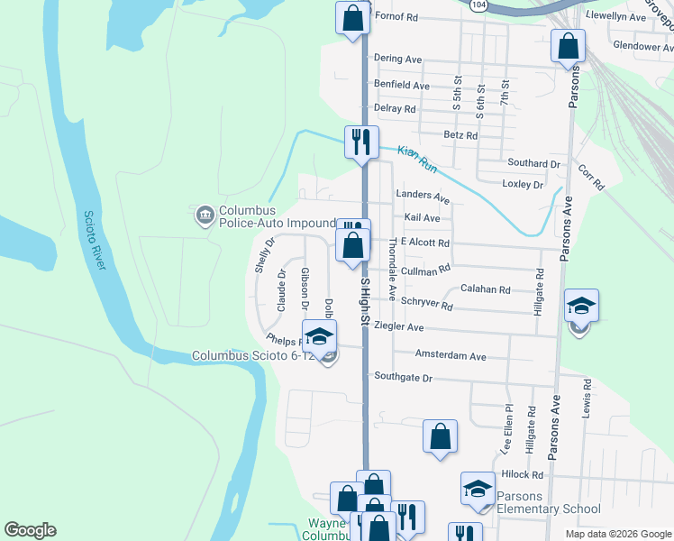 map of restaurants, bars, coffee shops, grocery stores, and more near 2786 Dolby Drive in Columbus