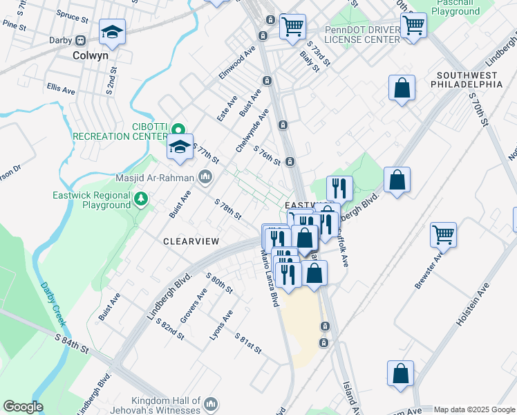 map of restaurants, bars, coffee shops, grocery stores, and more near 7707 Jason Place in Philadelphia